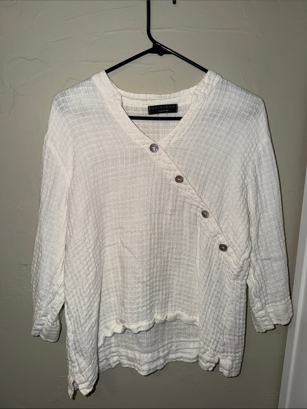 David Dart White Waffle-Knit Asymmetric Button Pullover Tunic Womens M